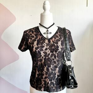 Black Lace Top, Y2K Gothic Whimsigoth Grunge Indie Sleaze Medium‎